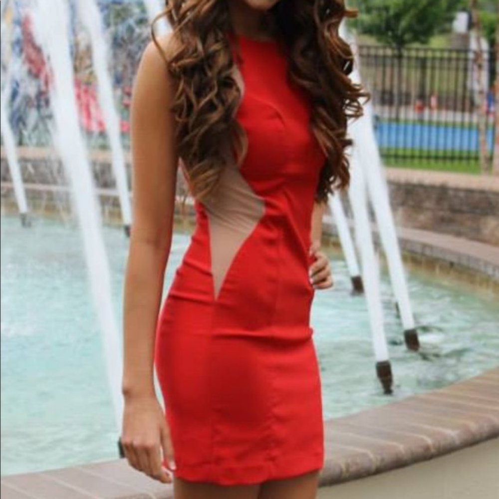 Red cocktail dress, nude lining